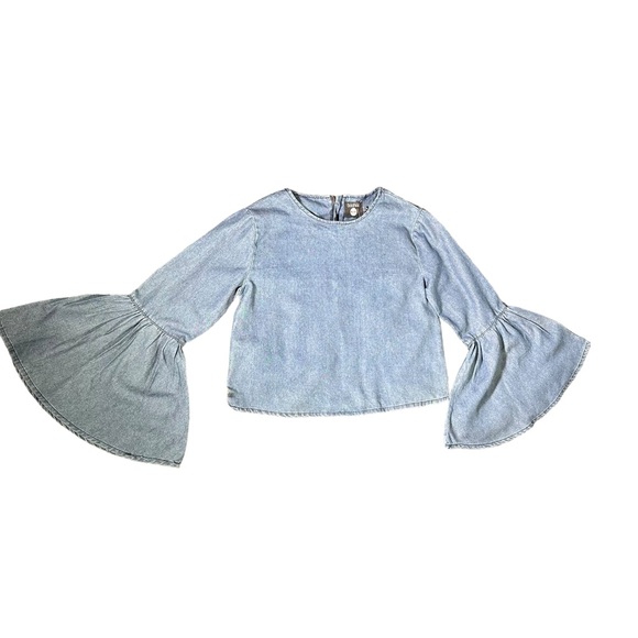 Boohoo Jennifer Flute Sleeve Denim Top Dark Blue Size US 8 UK 12 - Picture 3 of 14